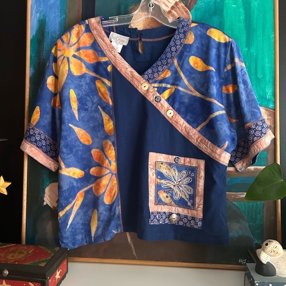Bali Emerald Navy & Orange Batik Short Sleeve Top